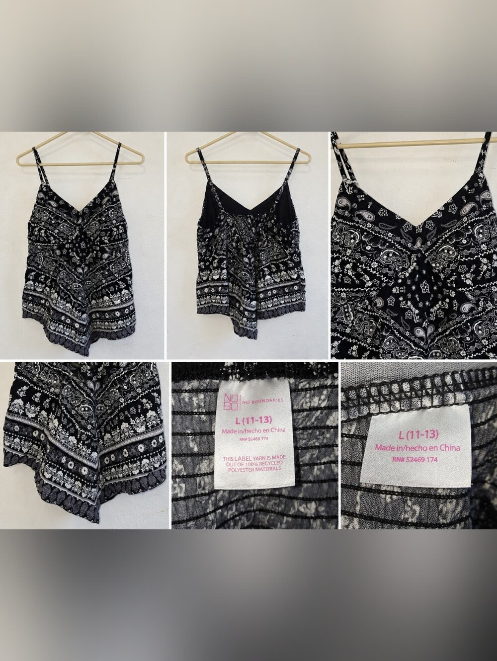 No Boundaries Black White Paisley Tank Top Size L 11-13 Boho Flowy Cami